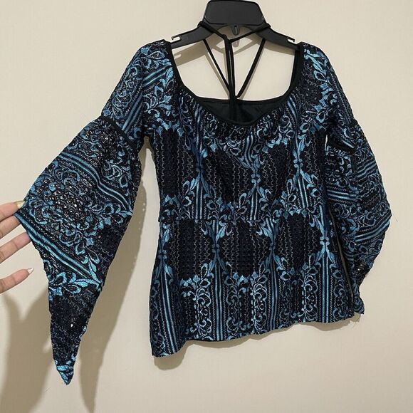 Y2K Sheer Floral Top Lace Print Fairy Witchy Whimsigoth Size Small S Teal Black - Picture 5 of 11